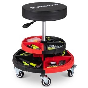 Taburete de taller móvil ajustable con bandejas dobles, ruedas frenables, 150 kg, rojo y negro