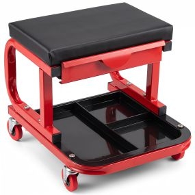 Taburete de Taller con Cajón y Almacenamiento con Ruedas Giratorias para Reparaciones de Coche Capacidad 150 kg 44 x 36 x 36 cm Rojo