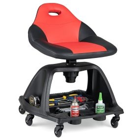 Taburete de trabajo con ruedas giratorias ergonómico resistente 150 kg con almacenamiento y portavasos negro rojo 59 x 54 x 75 cm