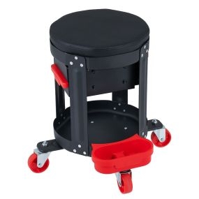 Taburete de Taller con Ruedas Capacidad 150 kg Asiento Acolchado Cuero Sintético Cajón Extraíble Bandeja Desmontable 45 x 42 x 45,5 cm Negro