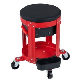 Taburete de Garaje con Ruedas Giratorias Capacidad 150 kg Asiento Acolchado Cajón con Tope Bandeja Extraíble 45 x 42 x 45,5 cm Rojo