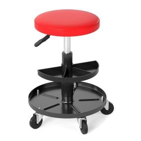 Taburete Mecánico de Garaje con Pistón de Gas Ajustable Bandeja Portaherramientas y Ruedas Giratorias 120 kg 38 x 38 x 42-56 cm Rojo