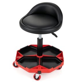 Taburete de Taller con Respaldo Altura Ajustable Bandeja Portaherramientas Ruedas Universales Capacidad 120 kg 44 x 44 x 52-66 cm Rojo+Negro