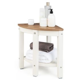 Taburete impermeable de baño con estante de almacenamiento esquina blanco y marrón 32,5 x 32,5 x 43,5 cm