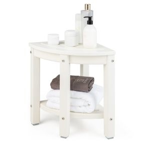 Taburete Impermeable de Baño con Estante de Almacenamiento Banco de Ducha de Esquina Blanco 32,5 x 32,5 x 43,5 cm