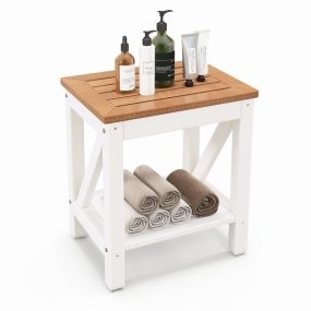 Banco de Ducha de 2 Niveles Taburete de Baño Spa con Estante Impermeable 43 x 32 x 47 cm Marrón y Blanco