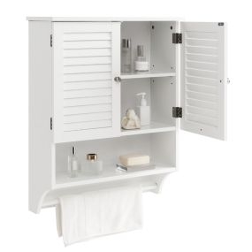 Armario de pared para baño con 2 puertas, estante ajustable y barra de toalla, 60 x 22 x 75 cm, blanco