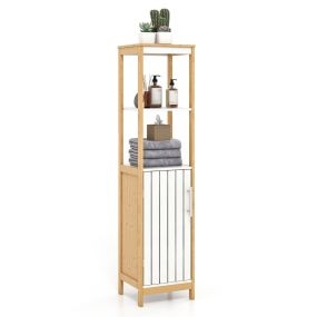 Juego de organización para baño de bambú con armario estrecho, puerta, estante y cesta retráctil de ropa natural