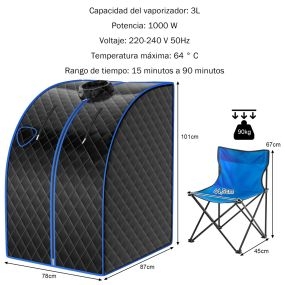 Sauna de vapor portátil 3 L negro con mando, temporizador, temperatura regulable y atomización 78 x 87 x 101 cm