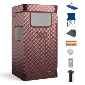 Sauna de vapor portátil corporal completa con generador 3L, control remoto, masajeador de pies y silla plegable café