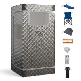 Sauna de vapor portátil corporal completa con generador 3L, control remoto, masajeador de pies y silla plegable gris