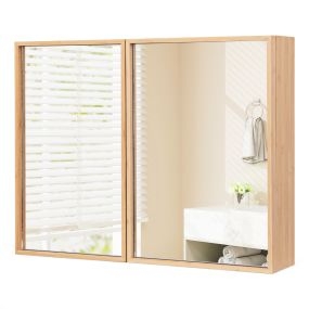 Armario de Pared para Baño con Espejo Armario de Medicinas de Puerta Doble de Bambú con 2 Estantes Armario de Almacenaje con Puertas Natural