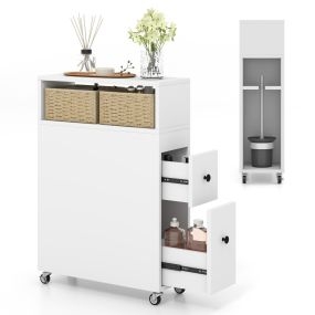 Mueble Estrecho Móvil de Baño con Ruedas Armario con Cajones Deslizantes Extraíbles Cestas de Mimbre Porta Escobilla 50 x 19 x 72 cm Blanco