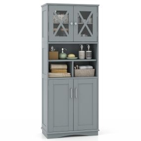 Armario de baño alto 145 cm gris con puertas, 3 cubos y estantes ajustables