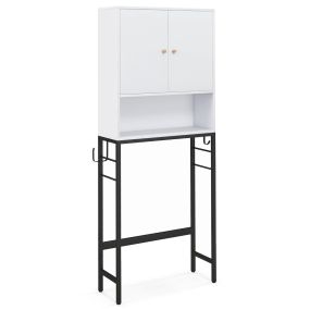 Armario de almacenamiento sobre inodoro con 2 puertas, estante y barra, blanco