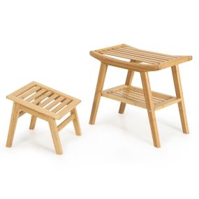 Taburete de bambú para ducha y reposapiés con repisa inferior 52 x 29 x 44 cm natural
