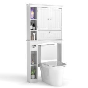 Armario de almacenamiento sobre inodoro con 2 puertas, estante ajustable y soporte para papel higiénico blanco