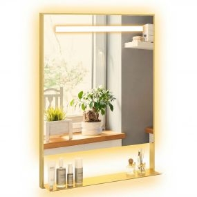 Espejo de baño LED antivaho 3 colores brillo ajustable marco de aluminio con estante 80 x 60 cm oro