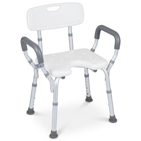 Silla Ducha Mayores Altura Ajustable 6 Niveles Asiento Antideslizante Respaldo Curvo Apoyabrazos Acolchados Marco Aluminio Blanco