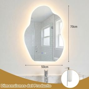 Espejo de baño LED asimétrico plata con 3 luces, intensidad ajustable, memoria y antivaho