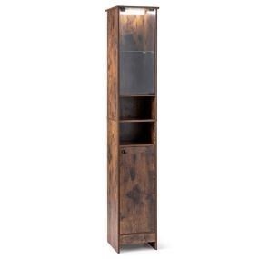Armario de baño alto estrecho con puertas de vidrio templado, luz ajustable, estantes regulables y mando a distancia, marrón rústico