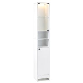 Armario de baño alto estrecho blanco con puertas de vidrio templado, luz ajustable y mando a distancia