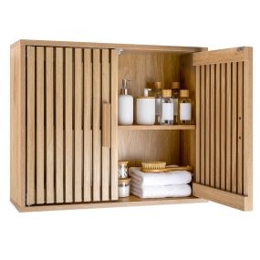Armario de pared para baño con estante ajustable y puertas de listones natural 60,5 x 20 x 50 cm