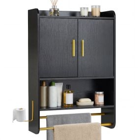 Mueble colgante negro de madera 55x20x80 cm con puertas, estante ajustable y barra para colgar