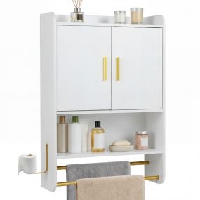 Mueble colgante para baño 55x20x80 cm blanco de madera con puertas, estante ajustable y barra para colgar