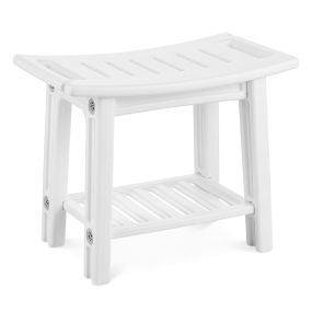 Banco de ducha de plástico resistente con estante inferior y soportes, 150 kg, 56 x 31,5 x 45 cm, blanco