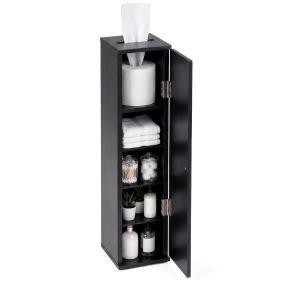 Armario de baño negro estrecho de MDF con puerta y abertura para pañuelos 17 x 16 x 69 cm