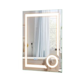 Espejo de baño LED regulable antivaho con lupa 3x táctil memoria marco aluminio plata 70 x 50 x 3,8 cm