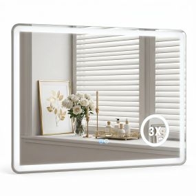 Espejo de baño LED regulable antivaho con lupa 3x táctil memoria marco aluminio 80 x 60 x 4 cm plata