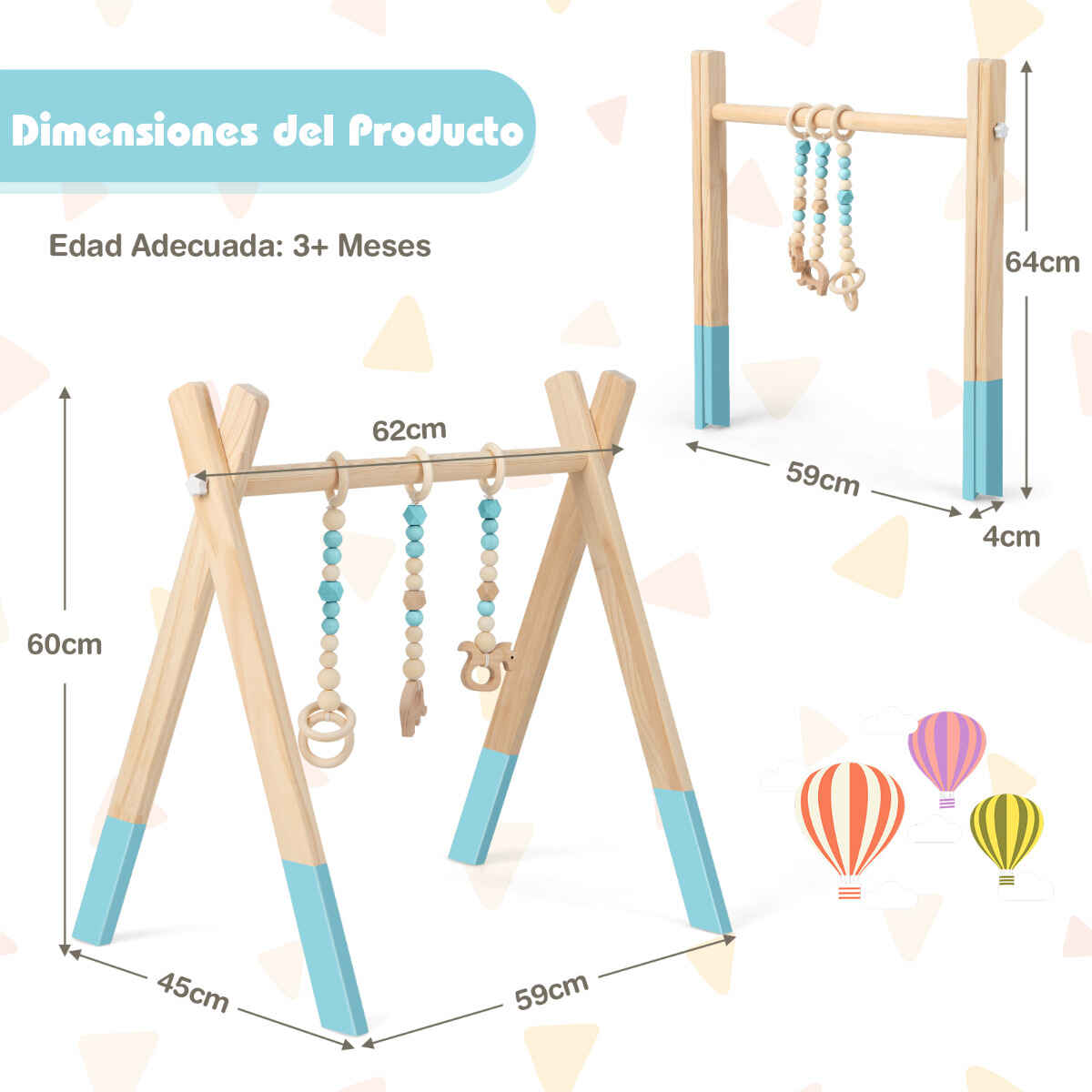 Gimnasio para Bebés con Juguetes para Dentición Desarrollo Cerebral Plegable de Madera para Niños +3 Meses Verde 66 x 40 x 60 cm