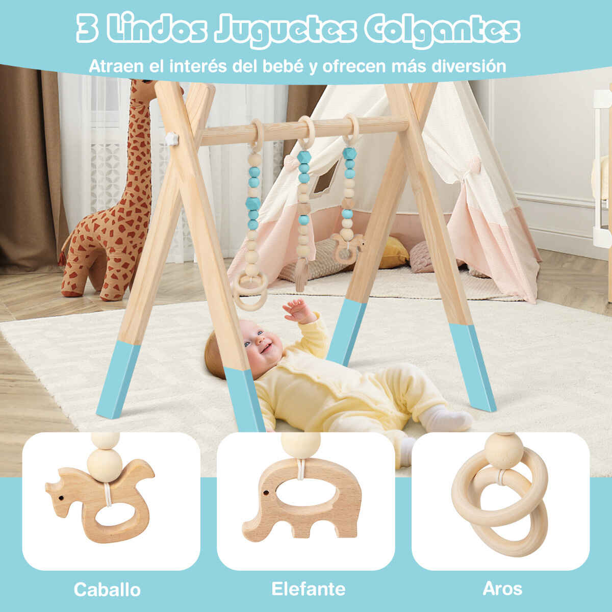 Gimnasio para Bebés con Juguetes para Dentición Desarrollo Cerebral Plegable de Madera para Niños +3 Meses Verde 66 x 40 x 60 cm