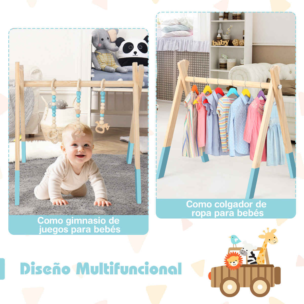 Gimnasio para Bebés con Juguetes para Dentición Desarrollo Cerebral Plegable de Madera para Niños +3 Meses Verde 66 x 40 x 60 cm