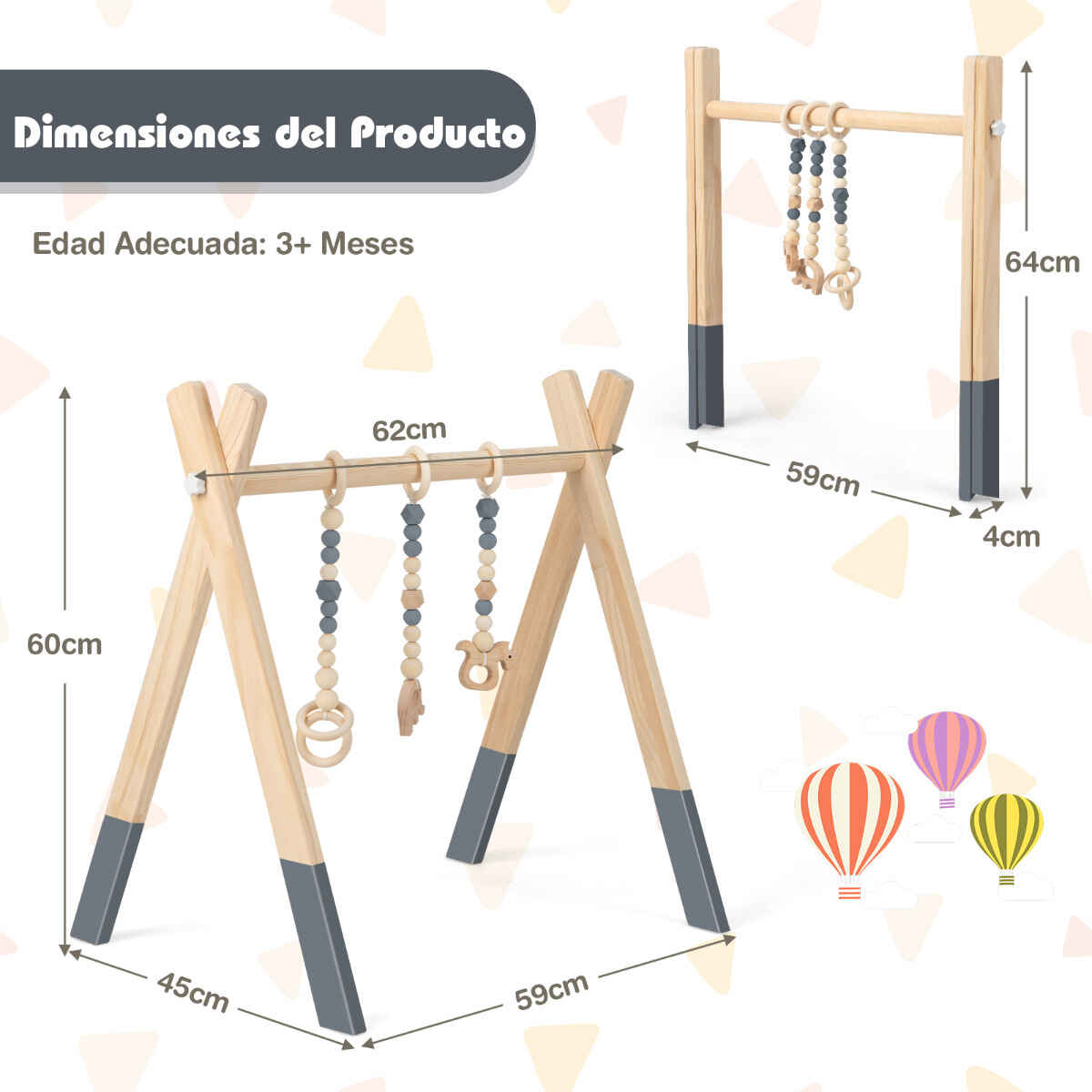 Gimnasio para Bebés con Juguetes para Dentición Desarrollo Cerebral Plegable de Madera para Niños +3 Meses Gris 66 x 40 x 60 cm
