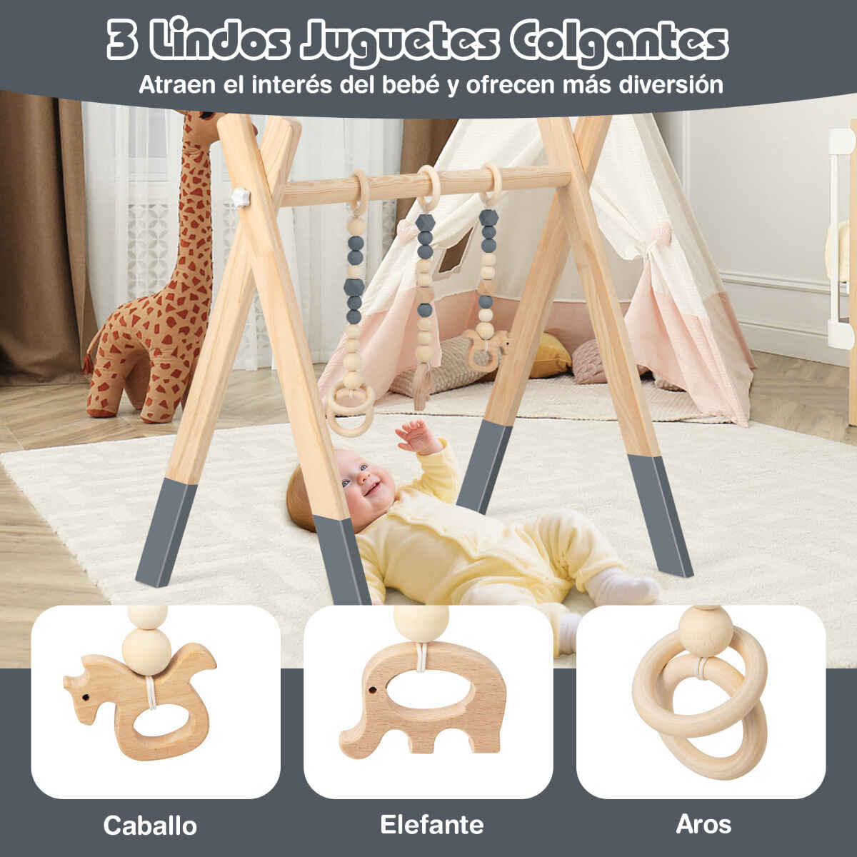 Gimnasio para Bebés con Juguetes para Dentición Desarrollo Cerebral Plegable de Madera para Niños +3 Meses Gris 66 x 40 x 60 cm