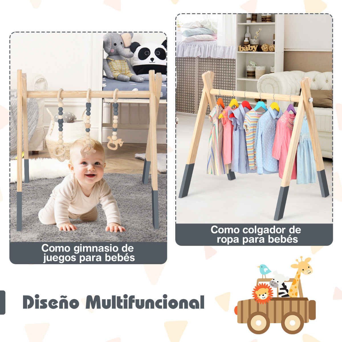 Gimnasio para Bebés con Juguetes para Dentición Desarrollo Cerebral Plegable de Madera para Niños +3 Meses Gris 66 x 40 x 60 cm