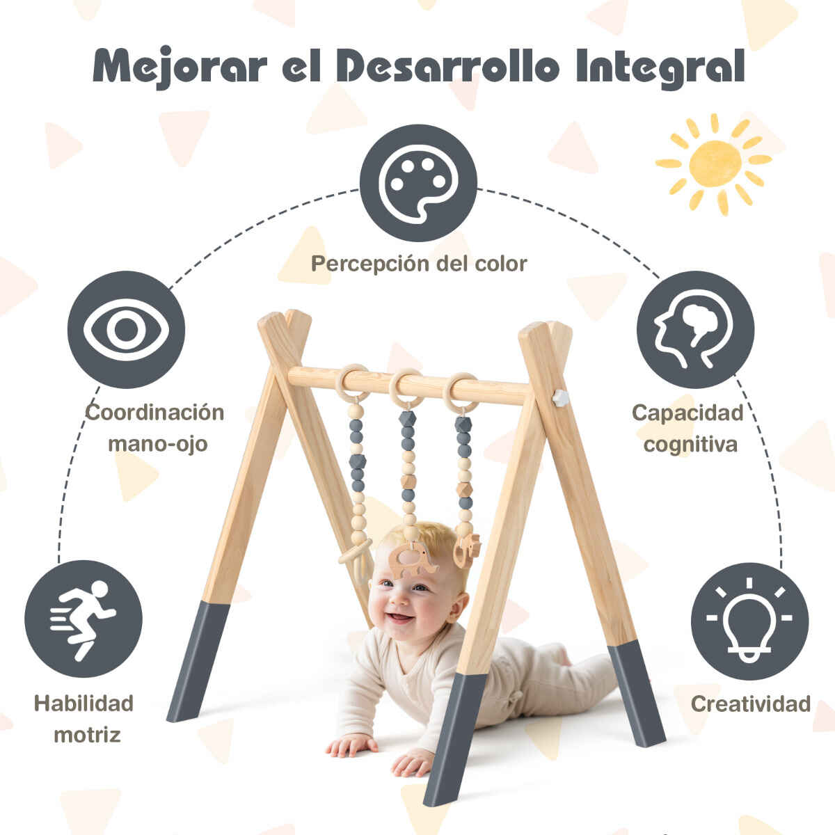 Gimnasio para Bebés con Juguetes para Dentición Desarrollo Cerebral Plegable de Madera para Niños +3 Meses Gris 66 x 40 x 60 cm