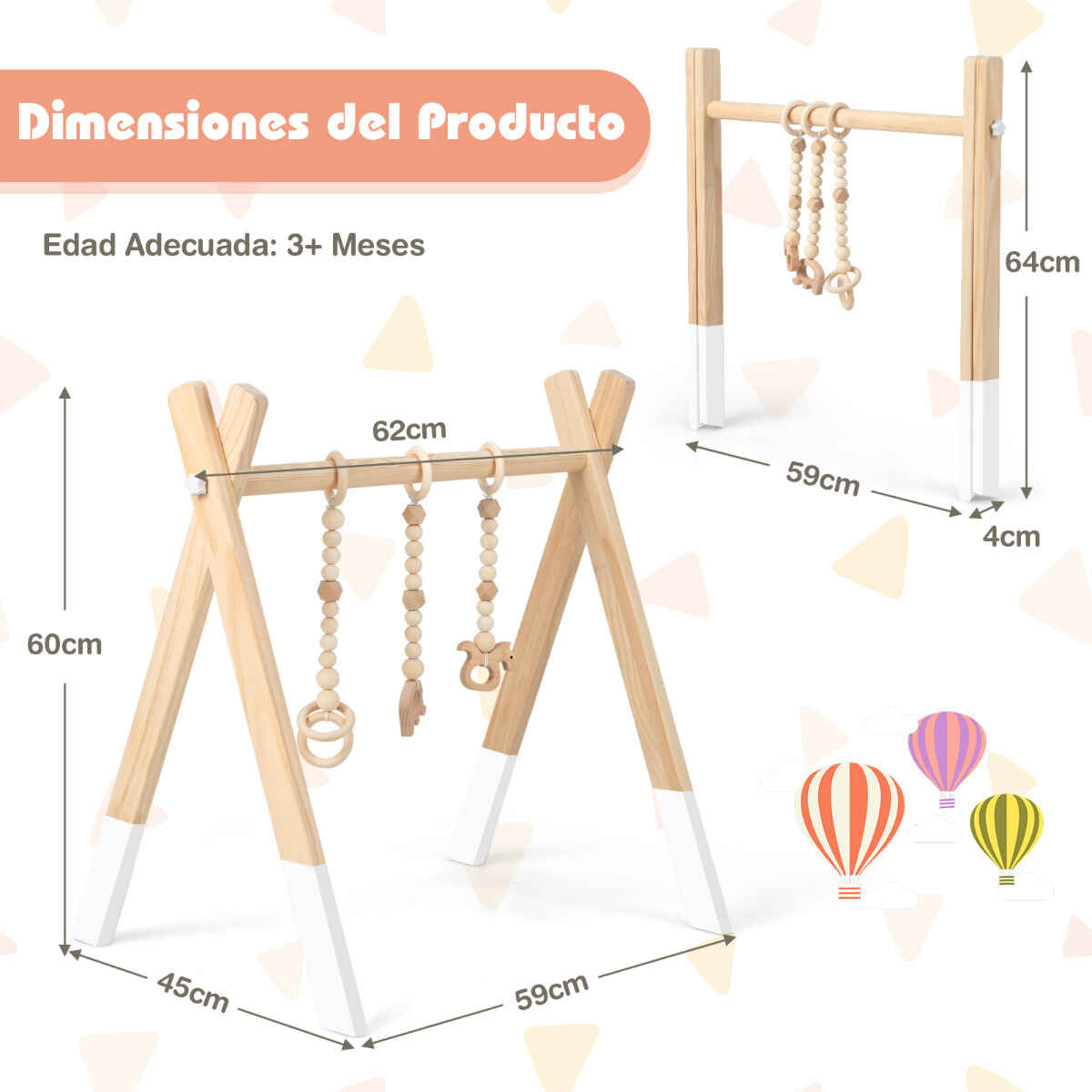 Gimnasio para Bebés con Juguetes para Dentición Desarrollo Cerebral Plegable de Madera para Niños +3 Meses 62 x 45 x 60 cm Blanco