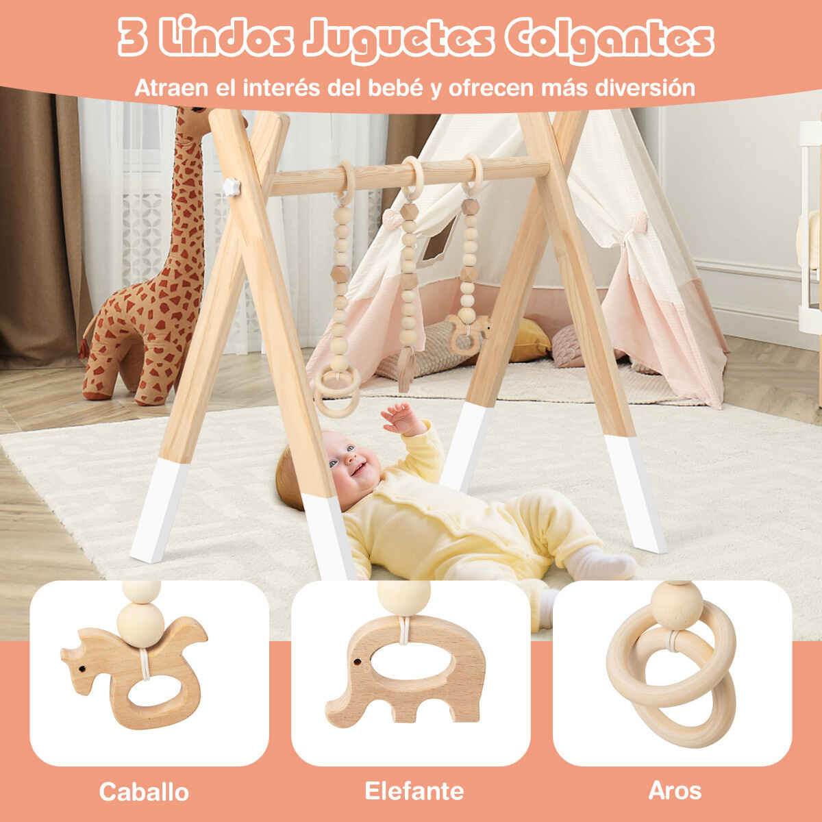 Gimnasio para Bebés con Juguetes para Dentición Desarrollo Cerebral Plegable de Madera para Niños +3 Meses 62 x 45 x 60 cm Blanco