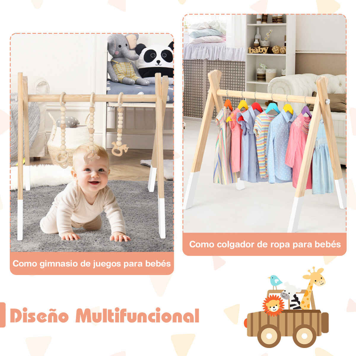 Gimnasio para Bebés con Juguetes para Dentición Desarrollo Cerebral Plegable de Madera para Niños +3 Meses 62 x 45 x 60 cm Blanco