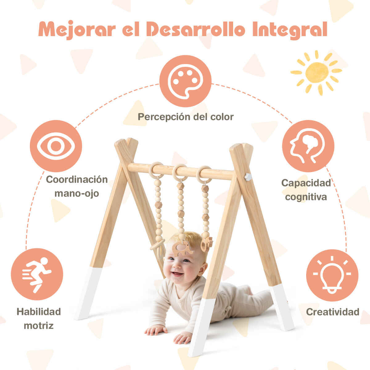 Gimnasio para Bebés con Juguetes para Dentición Desarrollo Cerebral Plegable de Madera para Niños +3 Meses 62 x 45 x 60 cm Blanco