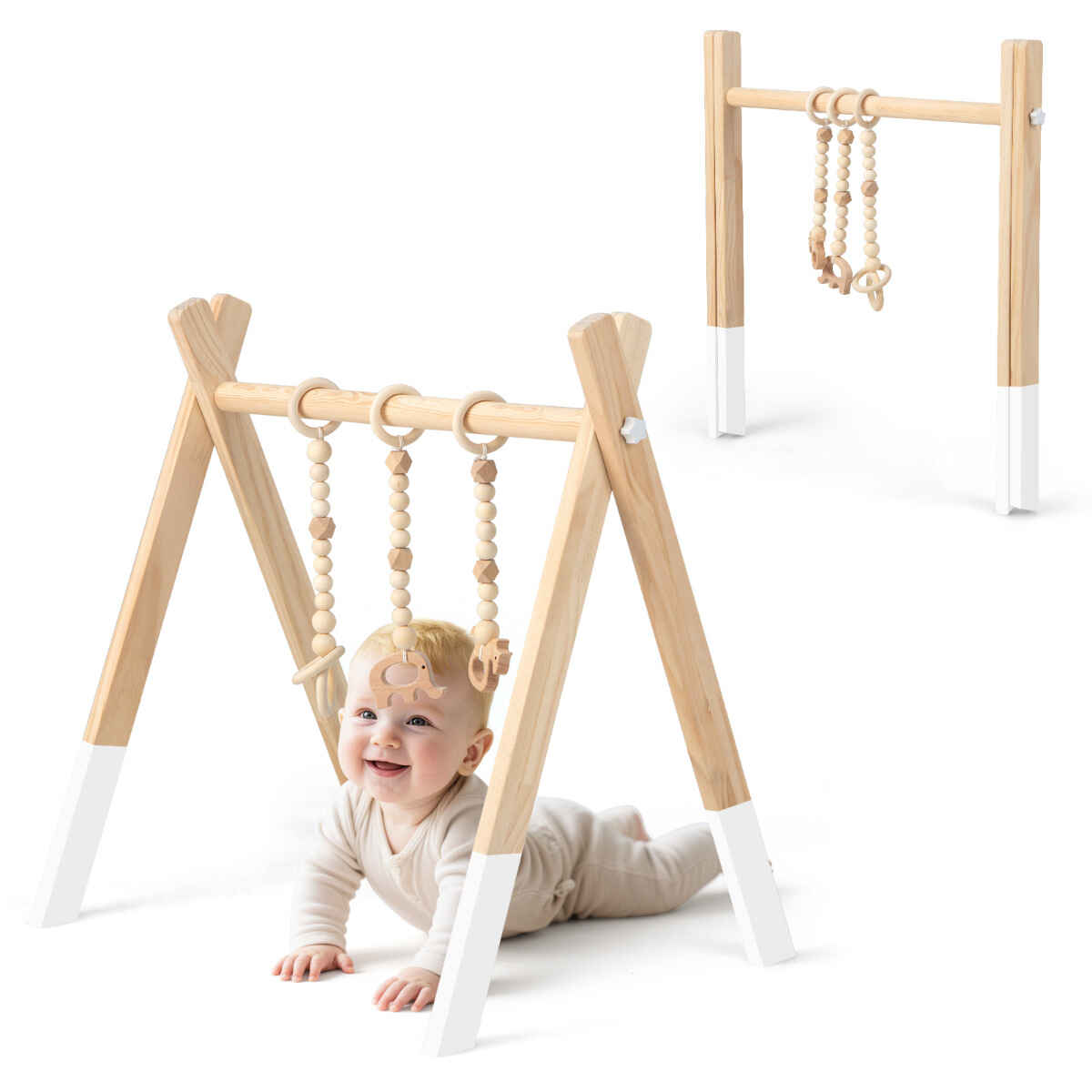 Gimnasio para Bebés con Juguetes para Dentición Desarrollo Cerebral Plegable de Madera para Niños +3 Meses 62 x 45 x 60 cm Blanco