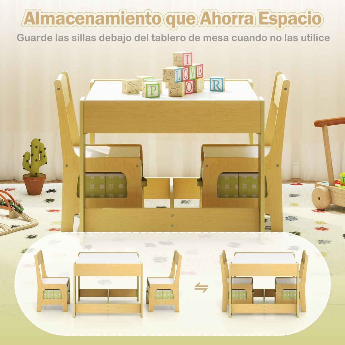 Juego de Mesa y 2 Silla para Niños de manera con Cajas de Almacenamiento Verde