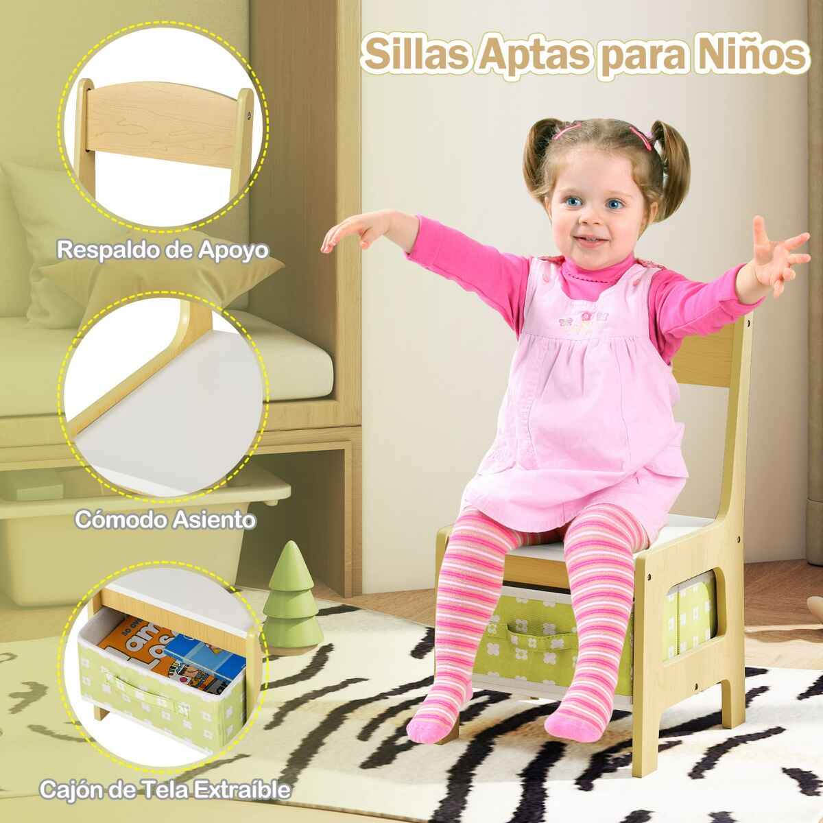 Juego de Mesa y 2 Silla para Niños de manera con Cajas de Almacenamiento Verde