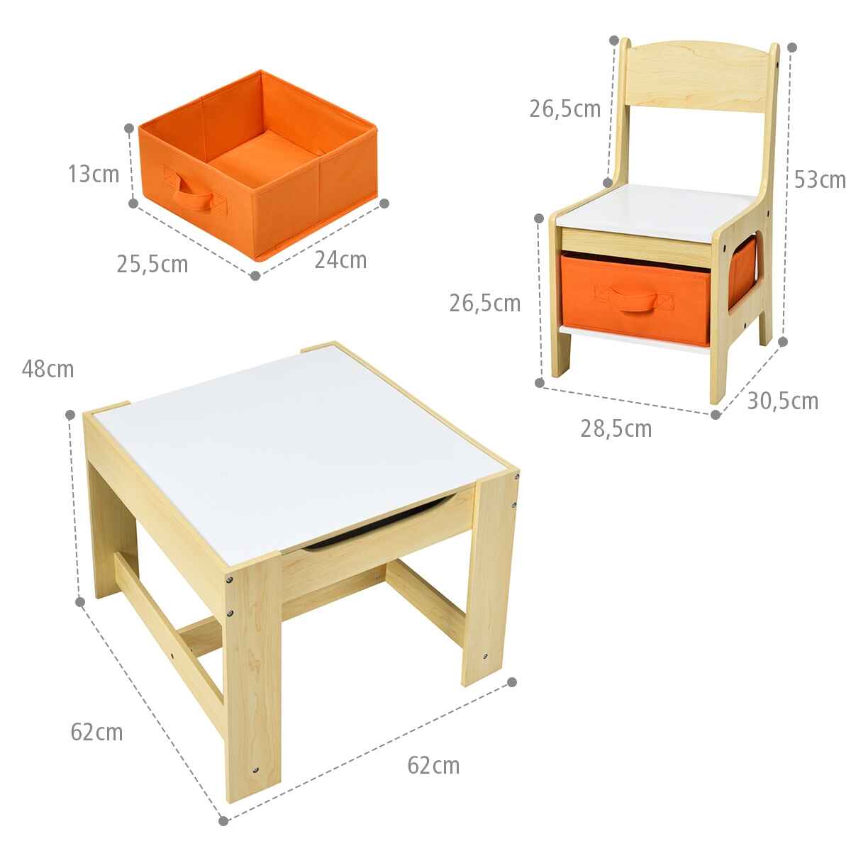 Juego de Mesa y 2 Silla para Niños de manera con Cajas de Almacenamiento Naranja