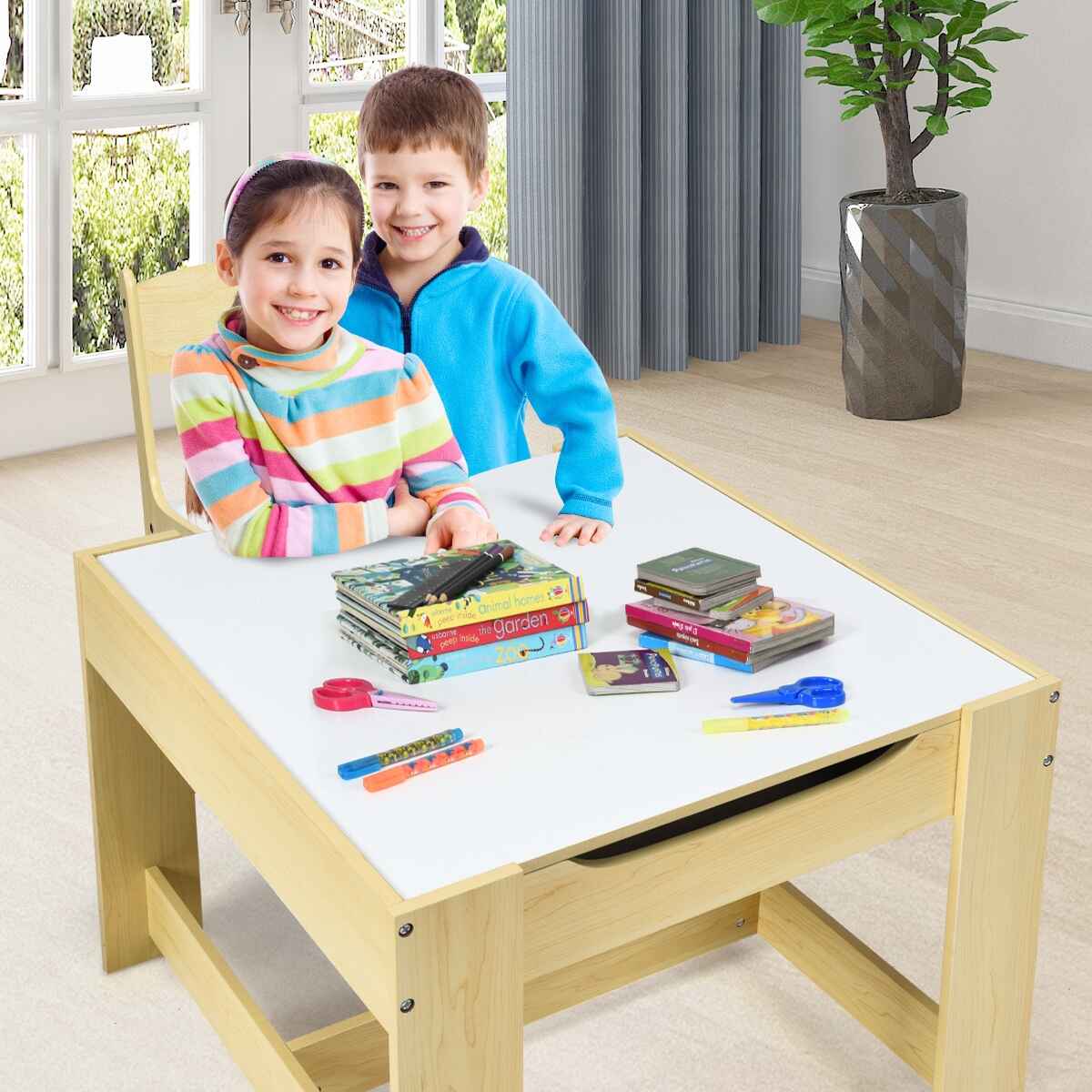 Juego de Mesa y 2 Silla para Niños de manera con Cajas de Almacenamiento Naranja