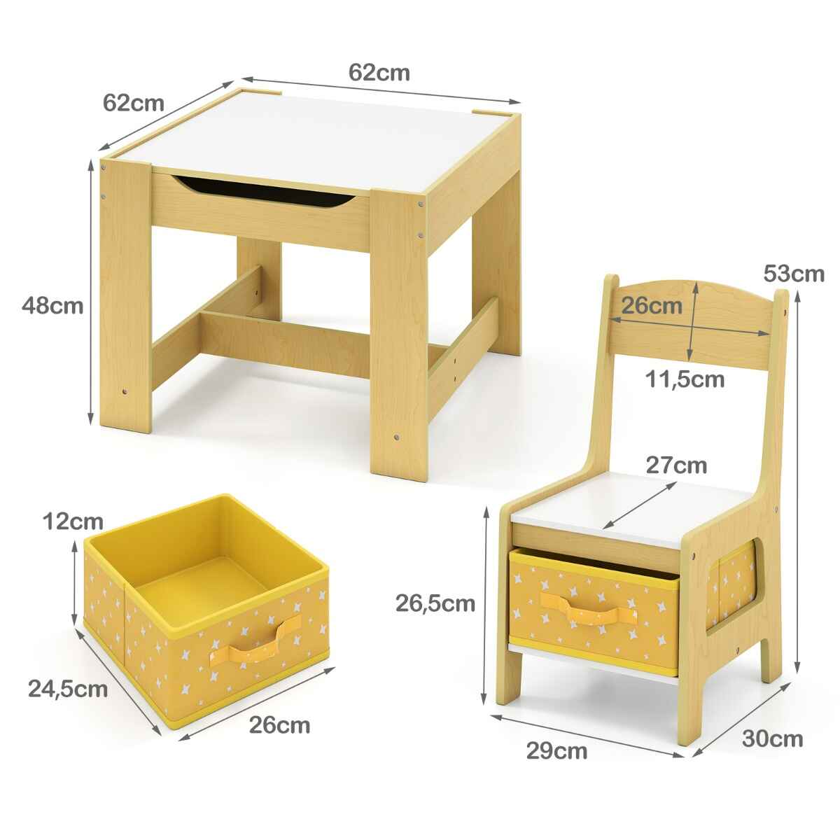 Juego de Mesa y 2 Silla para Niños de manera con Cajas de Almacenamiento Amarillo